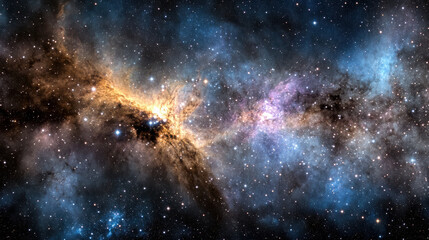 Obraz premium Stunning cosmic scene featuring vibrant nebula with swirling colors of blue, purple, and gold