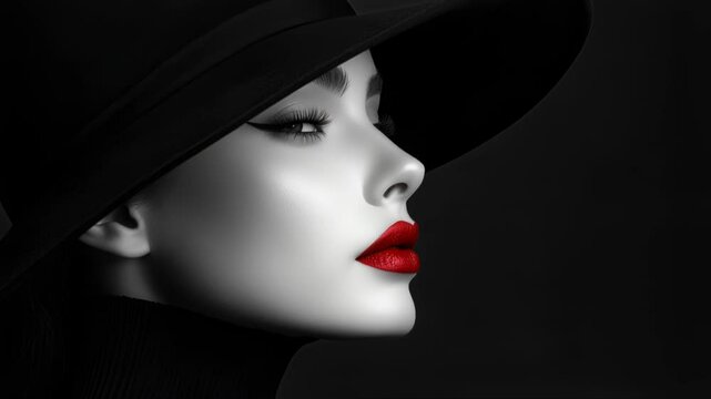 Elegant woman in black hat with striking red lipstick portrait footage. Embodying timeless fashion, classic glamour and sophisticated style.