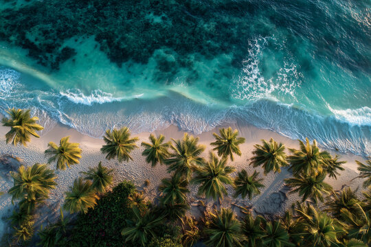 A beautiful beach with palm trees and a blue ocean. The palm trees are lush and green, and the ocean is calm and inviting. The scene is peaceful and relaxing, perfect for a day at the bea