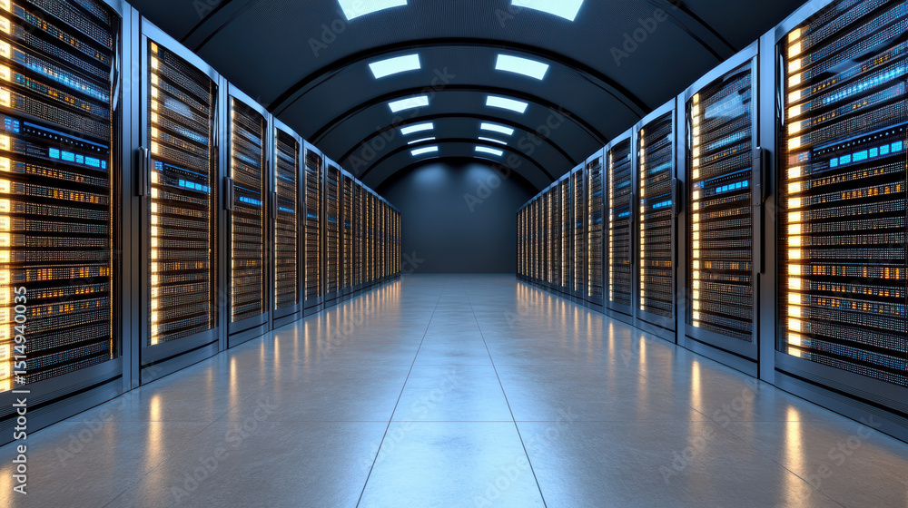 Poster high tech server room with rows of data storage units, illuminated by blue lights