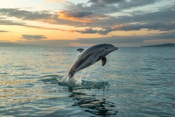 Fototapeta premium Dolphin leaping at sunset over ocean waves
