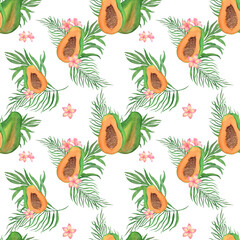Seamless watercolor pattern with tropical papaya and palm leaves. Perfect for summer fabrics, packaging, and tropical-themed designs.