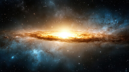 Stunning distant galaxy shines brightly, surrounded by shimmering cosmic clouds