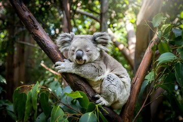 Adorable koala bear sleeping in eucalyptus tree