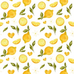 Seamless pattern with lemons, green leaves, cute flowers and yellow hearts. Watercolor background with citrus fruits isolated on white background. Great for textiles, wrapping paper, summer design.
