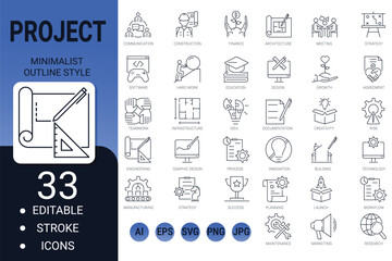 Project editable line icons for startup, management, and business. simple website symbols. outline icon collection. vector illustration.