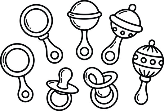 Baby rattles and pacifiers doodles collection illustration nursery decor