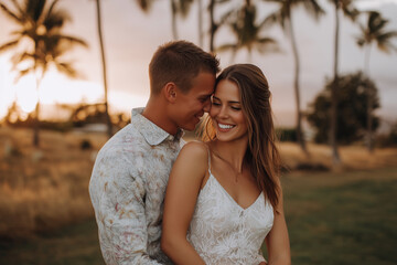 Fototapeta premium A couple is hugging in a field with palm trees in the background. The woman is wearing a white dress and the man is wearing a white shirt. They are smiling and seem happy