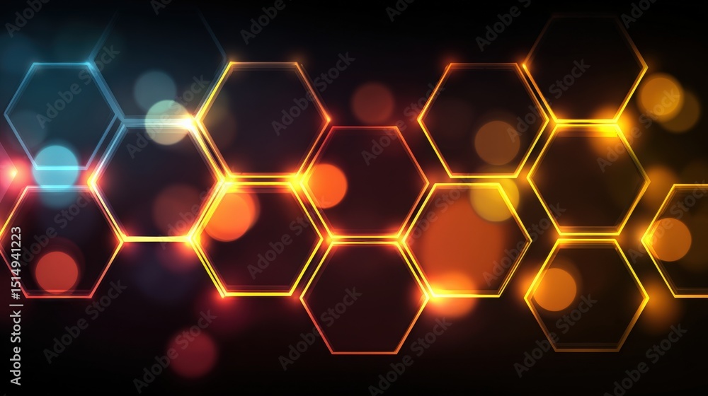 Poster colorful glowing hexagons with bokeh effects on a dark background, creating a modern and futuristic 