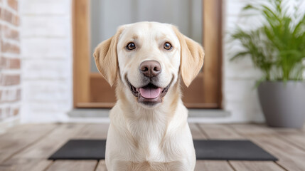 Happy dog sitting at entryway, waiting for owner with joyful expression