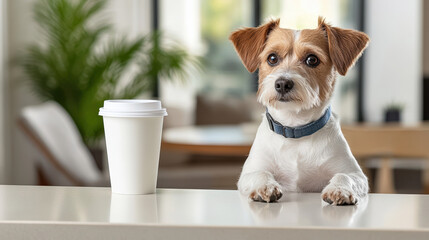 Curious dog watching its owner prepare coffee, paws resting on counter