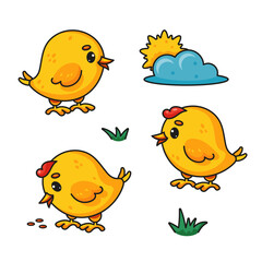 Cute Colorful Chicks in Nature. Vector Illustration Set
