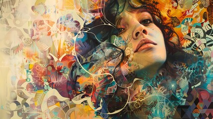 Expressive female portrait with colorful artistic abstraction and texture