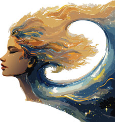 Design a surreal vector-style illustration showing a large feminine face in profile with eyes closed, lips gently curved, and long flowing hair made of stars, planets, and cosmic elements