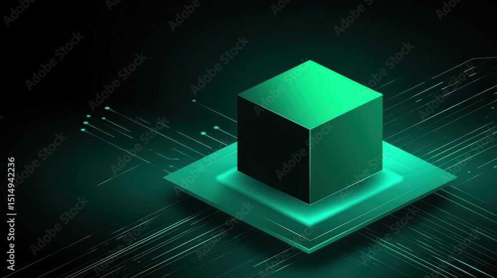 Aufkleber a glowing green cube floats above a circuit-like platform with digital lines radiating outward on a 