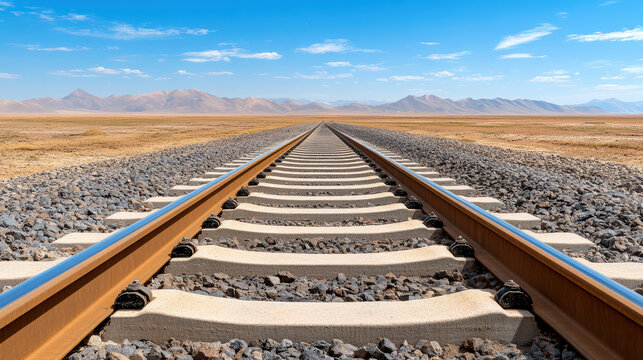 Dusty train tracks stretch into wide open plains clear blue sky, evoking sense of adventure