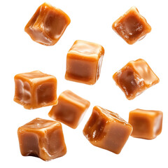 Caramel candy pieces scattered on a transparent background, cutout PNG