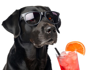 A black labrador retriever wearing sunglasses next to a cocktail with an orange slice garnish