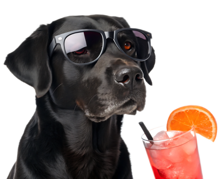 A black labrador retriever wearing sunglasses next to a cocktail with an orange slice garnish
