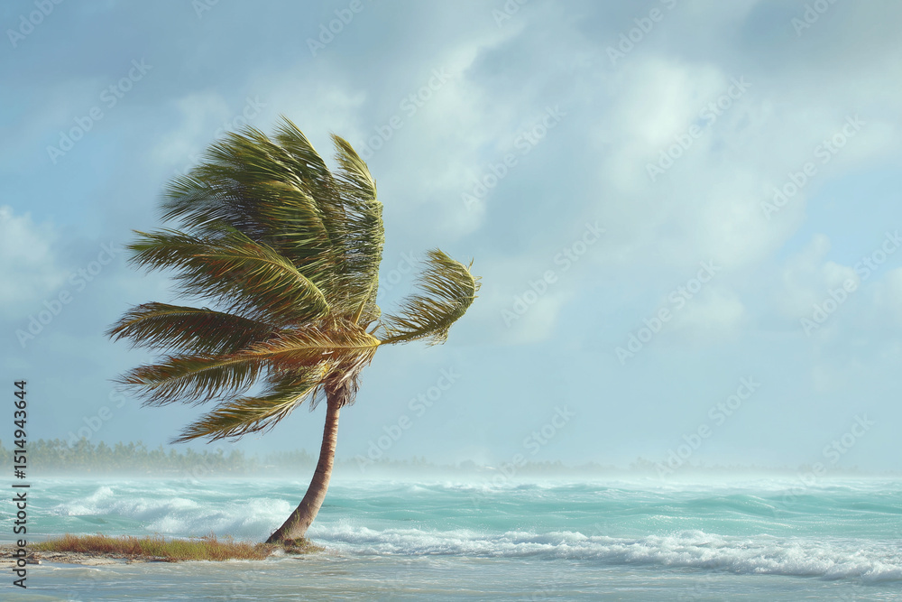 Aufkleber a palm tree is blowing in the wind on a beach. the palm tree is the only thing visible in the image