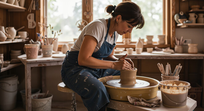 Woman shaping pottery on a wheel in ceramics studio, focused artistic moment for craft school ads, pottery class visuals, handmade brand content, creative retreats and artisanal lifestyle promotions

