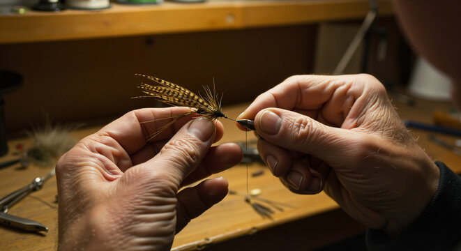 Close-up of hands tying a fly for fishing, detailed craftsmanship image for outdoor hobby blogs, angler product marketing, skill-based tutorials, and recreational lifestyle content


