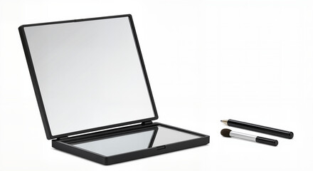 Compact makeup mirror with two beauty brushes on white background, minimal beauty product photo for cosmetic branding, ecommerce catalogs, beauty tutorials, packaging mockups and personal care ads

