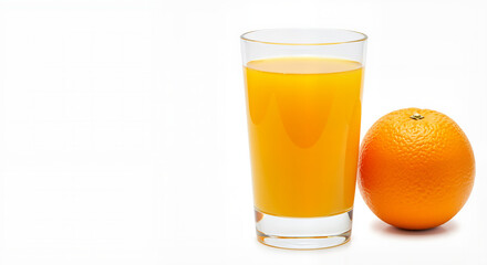 Glass of orange juice with whole orange on white background, fresh and healthy food photo for nutrition blogs, juice brand ads, breakfast campaigns, health apps and summer wellness content


