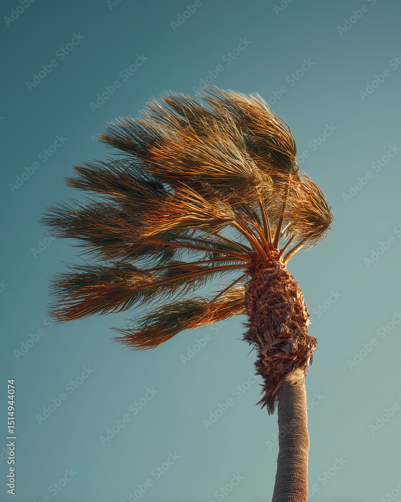 Poster a palm tree with a long, thin trunk and a large, leafy top. the tree is swaying in the wind, and the