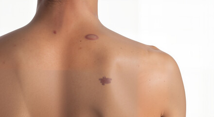 Skin with birthmarks on a woman's back in soft natural light  