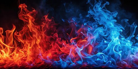 Vibrant red and blue flames engulf a dark background, with intense heat radiating from the fire, blaze, fierce,  blaze, fierce