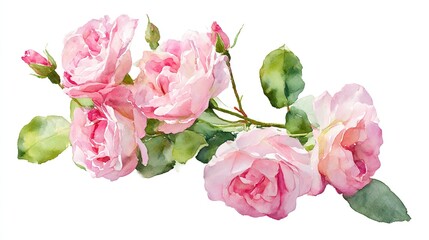 Fototapeta premium Pink roses with green leaves in watercolor style, symbolizing natural beauty and delicate elegance. 