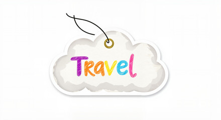 Travel label design with colorful typography on cloud shape  
