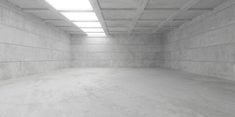 Abstract empty, modern concrete room with ceiling grid, row of inset lights and rough floor - industrial interior background template