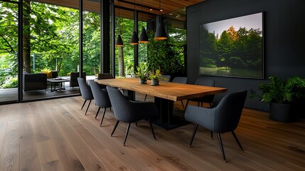 Fototapeta premium Dining Room Interior with Wooden Table and Black Chairs