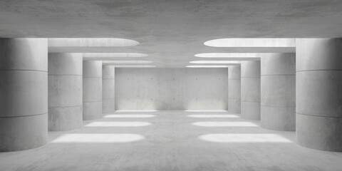 Abstract empty, modern concrete room with stacked round pillars left and right and rough floor - industrial interior background template