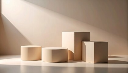 Four creamcolored geometric displays two cylinders two square prisms sit under a beam of sunlight
