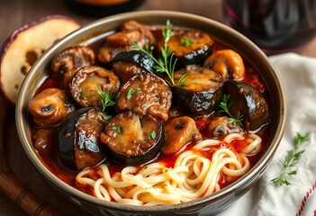 Rich, savory eggplant & mushroom bourguignon stew, simmered in red wine, meal, home cooking