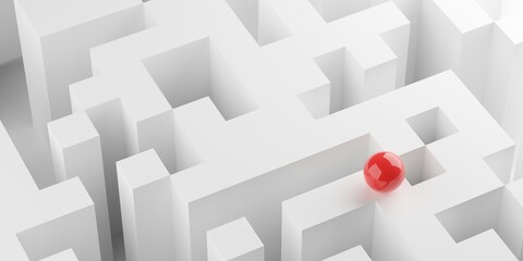 Red sphere on wall of a white maze background, risk, solution finding or business management concept