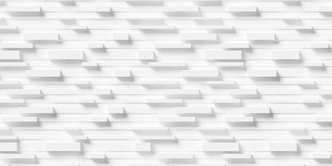 Randomly shifted and scaled white boxes or blocks connected by lines geometry background wallpaper banner, flat lay