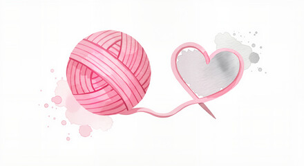 Pink yarn ball with thread shaping a heart on soft background  