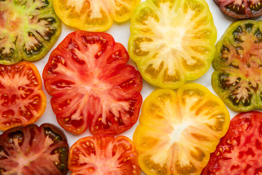 Sliced multi colored heirloom tomatoes 