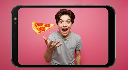 Young man smiling and tossing pizza slice in smartphone frame