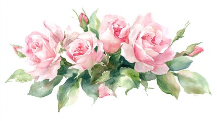 Pink roses with green leaves in watercolor style, symbolizing natural beauty and delicate elegance.

