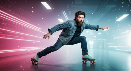 Young man roller skating in neon-lit indoor space with excitement  