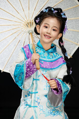 Chinese girl wearing Chinese Ming Dynasty Hanfu on black background