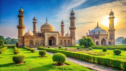 Obraz premium Ancient mosque with lush green grass surrounding a tranquil green tomb and majestic towering minarets standing proudly in the background, serenity, architecture