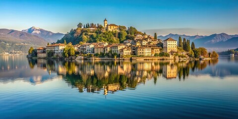 Serene lake reflection with Isola San Giulio in the distance, peaceful landscape