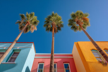 Three palm trees are in front of a building with a blue sky in the background. The building is multicolored, with a pink and yellow color scheme
