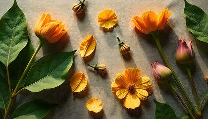 Flat lay of fresh green leaves and colorful flower petals arranged aesthetically on a soft linen fabric background